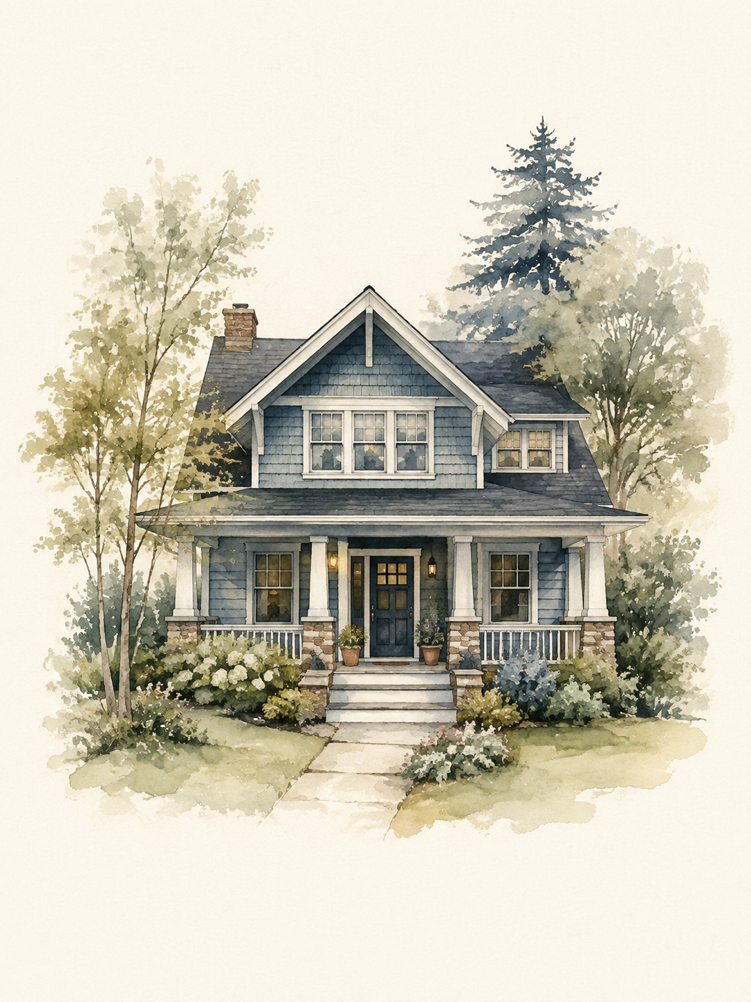 Illustrative watercolor of a blue-gray craftsman home with a welcoming porch